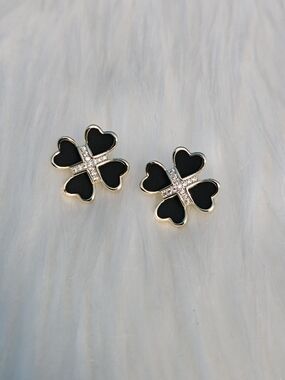 Gold-Tone Black Enamel Clover Stud Earrings with Crystal Accents